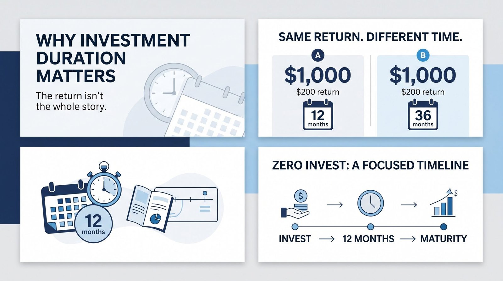 Why investment duration matters: the return isn't the whole story. A $1,000 investment earning a $200 return over 12 months is not the same as the same $200 return over 36 months. 2Zero Invest uses a focused timeline: invest, hold for 12 months, then maturity.